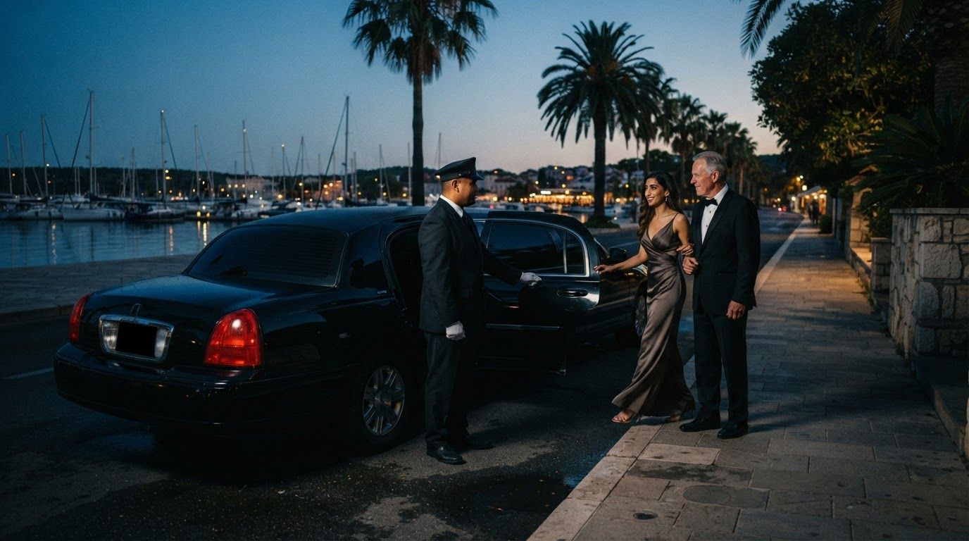 Chauffeur holding a limousine door for a couple beside palm trees on a Long Beach harbor road at dusk